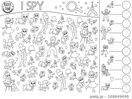 France black and white I spy game for kids. Searching and counting activity with people, animals. French printable line worksheet. Simple spotting puzzle or coloring page with chef, mime, rose, girl 108649499