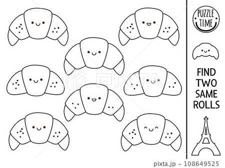 Find two same rolls. French traditional pastry matching activity. France black and white educational worksheet for kids. Simple printable game, coloring page with cute kawaii croissant 108649525