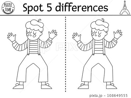 Find differences game for children. Educational black and white activity with cute mime. Puzzle for kids with funny French character. Printable worksheet or coloring page with traditional France Find differences game for children. Educational black and white activity with cute mime. Puzzle for kids with funny French character. Printable worksheet or coloring page with traditional France 108649555