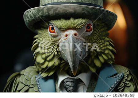 Mr green parrot gentleman in boss hat and scientist. AI generated 108649569