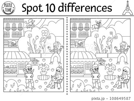 Find differences game for children. Educational black and white activity with cute scene in Paris street. Puzzle for kids with French people, buildings. Printable worksheet or coloring page 108649587