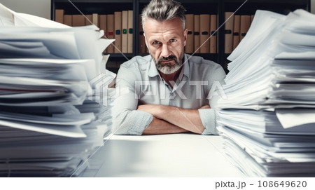 Middle-aged Caucasian man in office with a lot of papers to work. Middle-aged Caucasian man in office with a lot of papers to work. 108649620