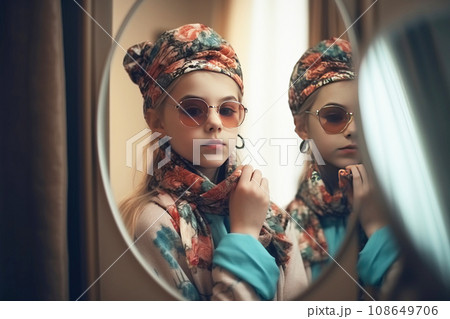 Young woman in front of a mirror in a beauty salon. Elegant makeup, stylish haircut, care. AI generated. 108649706