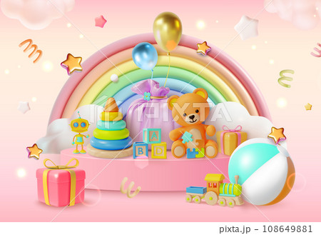 3d Kid Toy Store Big Sale Special Offer Half Price Concept Cartoon Style. Vector illustration of Kid Toys on a Podium Scene and Rainbow with Clouds 3d Kid Toy Store Big Sale Special Offer Half Price Concept Cartoon Style. Vector illustration of Kid Toys on a Podium Scene and Rainbow with Clouds 108649881