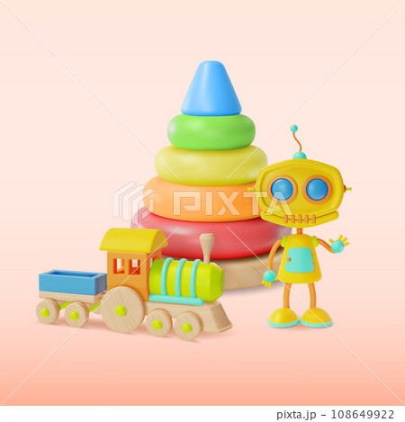 3d Kid Toy Concept Cartoon Style Include of Robot, Wooden Train and Pyramid with Colorful Rings. Vector illustration 3d Kid Toy Concept Cartoon Style Include of Robot, Wooden Train and Pyramid with Colorful Rings. Vector illustration 108649922
