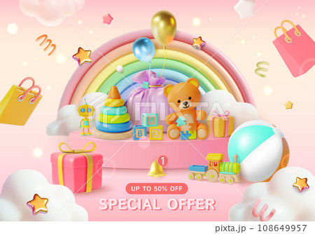 3d Kid Toy Store Big Sale Special Offer Half Price Concept Placard Poster Banner Card Template Cartoon Style. Vector illustration 3d Kid Toy Store Big Sale Special Offer Half Price Concept Placard Poster Banner Card Template Cartoon Style. Vector illustration 108649957