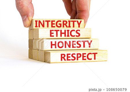 Integrity ethics honesty respect symbol. Concept word Integrity Ethics Honesty Respect on block. Beautiful white background. Businessman hand. Business integrity ethics honesty respect concept. 108650079