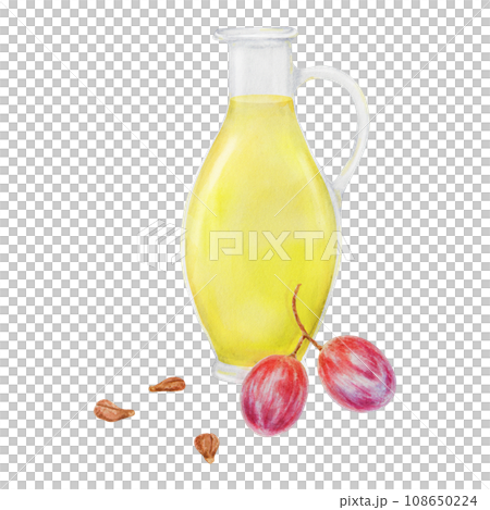 Red grape berry, seeds, glass bottle with oil, vinegar. Watercolor hand drawn illustration. Ingredient in cooking, cosmetics. Clip art for menu of restaurants, packaging of farm goods, vegan products Red grape berry, seeds, glass bottle with oil, vinegar. Watercolor hand drawn illustration. Ingredient in cooking, cosmetics. Clip art for menu of restaurants, packaging of farm goods, vegan products 108650224