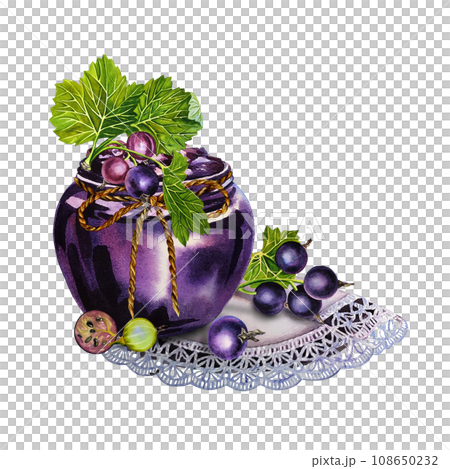 A jar of blackcurrant jam. Watercolor illustration drawn by hand. Isolate. For labels, packaging and banners. For textiles, prints and stickers. For menus, invitation cards. A jar of blackcurrant jam. Watercolor illustration drawn by hand. Isolate. For labels, packaging and banners. For textiles, prints and stickers. For menus, invitation cards. 108650232
