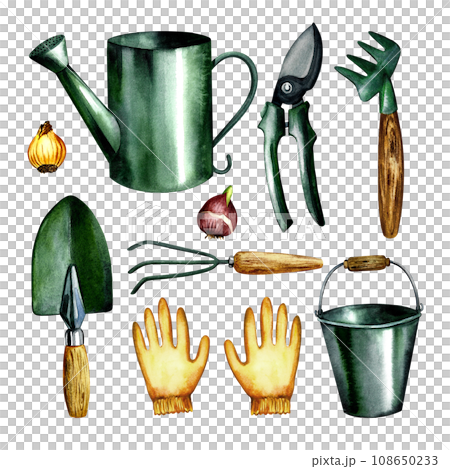 Garden set. Gardener's tools. Watercolor illustration drawn by hand. Bucket, watering can, protective gloves, shovel, pitchfork, rake and bulbs. For packages, flyers, posters and banners. Garden set. Gardener's tools. Watercolor illustration drawn by hand. Bucket, watering can, protective gloves, shovel, pitchfork, rake and bulbs. For packages, flyers, posters and banners. 108650233