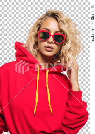 a young blonde woman radiates confidence as she poses against 108650319