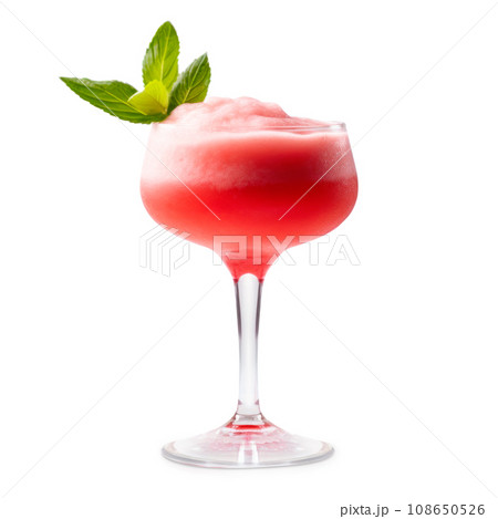 Strawberry margarita cocktail in salt-rimmed glass isolated on white background 108650526