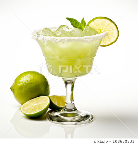 Margarita cocktail in salt-rimmed glass with lime isolated on white background 108650533