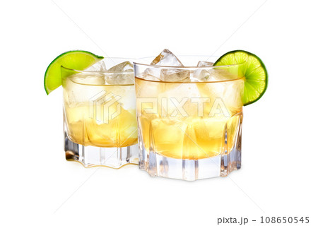 Set of Whiskey Sour cocktails garnished with a lemon in rocks glass on white background Set of Whiskey Sour cocktails garnished with a lemon in rocks glass on white background 108650545