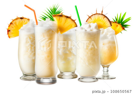 Set of Pina Colada cocktails with pineapple, coconut and creamy white top 108650567