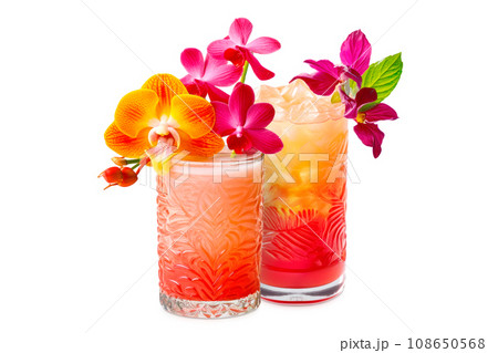 Set of Mai Tai cocktails in a classic tiki glass with crushed ice and orchids flowers Set of Mai Tai cocktails in a classic tiki glass with crushed ice and orchids flowers 108650568