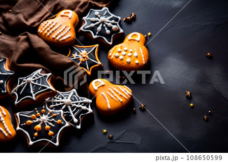 Collection of glazed gingerbread cookies on black table. Halloween candies in shape of pumpkins, ghosts and web. Collection of glazed gingerbread cookies on black table. Halloween candies in shape of pumpkins, ghosts and web. 108650599