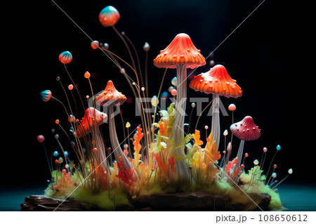 Different types of glowing mystical mushrooms, fantasy mushroom forest with bokeh 108650612