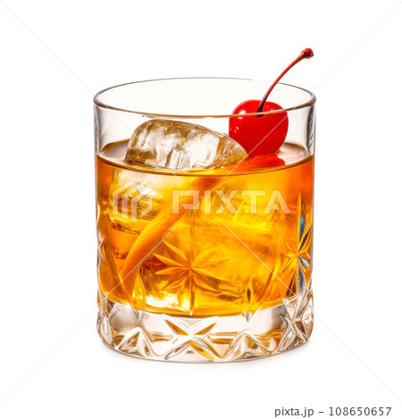 Classic Old Fashioned in a crystal-cut rocks glass isolated on white backdrop Classic Old Fashioned in a crystal-cut rocks glass isolated on white backdrop 108650657