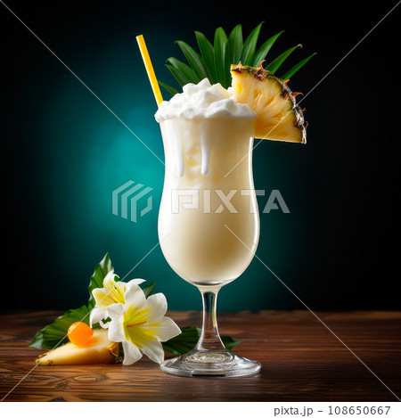 Pina Colada with pineapple, coconut and creamy white top on flat wooden floor with dark background and tropical flowers 108650667