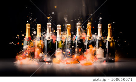 Watercolor illustration colorful champagne bottles set on a pink background 108650671