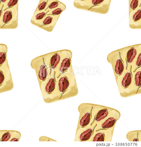Watercolor food pattern, hand drawn breakfast, toast with bruschetta and ripe figs, flat food illustration on a white background Watercolor food pattern, hand drawn breakfast, toast with bruschetta and ripe figs, flat food illustration on a white background 108650776