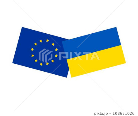 Flags of Ukraine and European Union as symbol of partnership and cooperation, support and help of each other during hard time of russian invasion to independent Ukraine, simple hand drawn pattern 108651026