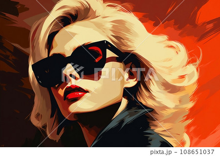 Portrait of a beautiful fashionable woman with a hairstyle and sunglasses, on a red color background. Illustrative poster in style of the 1960s 108651037