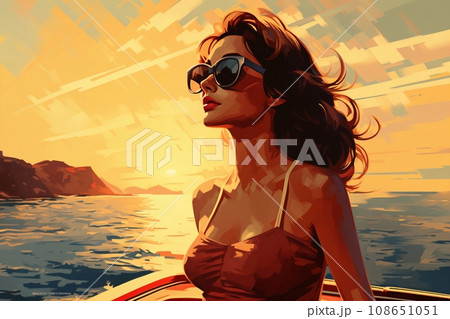 Portrait of a beautiful fashionable woman with a hairstyle and sunglasses, on a yacht, at sunset, blue sky background. Illustration, poster in style of the 1960s 108651051