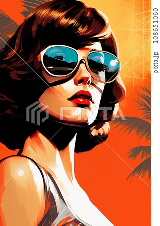 Portrait of a beautiful fashionable woman with a hairstyle and sunglasses, on a beach, bright sky background. Illustration, poster in style of the 1960s 108651060