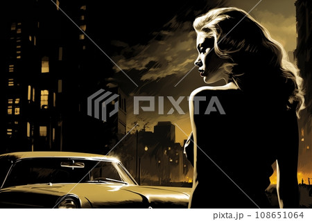 Portrait of a beautiful fashionable woman with a hairstyle, in a city street, at night, car, road and moon. Illustration poster in the style of 1960 108651064