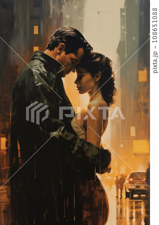 Romantic couple, man and woman, embracing in a city street, at night, rainy weather, fog. Illustration, poster in the style of 1960 108651088