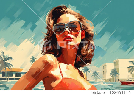 Portrait of a beautiful fashionable woman with a hairstyle and sunglasses, in a bikini or swimsuit, on a beach, blue sky background. Illustrative poster in style of the 1960s 108651114