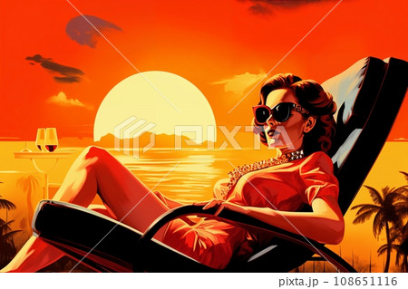 Portrait of a beautiful fashionable woman with a hairstyle and sunglasses, in an evening dress, sitting on a chaise longue and drinking a cocktail, on the beach, at sunset. Portrait of a beautiful fashionable woman with a hairstyle and sunglasses, in an evening dress, sitting on a chaise longue and drinking a cocktail, on the beach, at sunset. 108651116