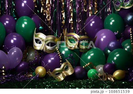 Mardi Gras mask, balloons and sparkles 108651539