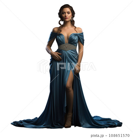 Girl in a beautiful blue long evening dress isolated Girl in a beautiful blue long evening dress isolated 108651570