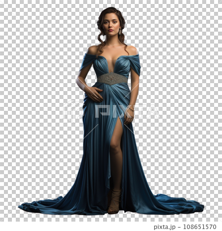 Girl in a beautiful blue long evening dress isolated 108651570