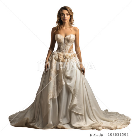 Girl in a beautiful white, beige long evening dress isolated 108651592