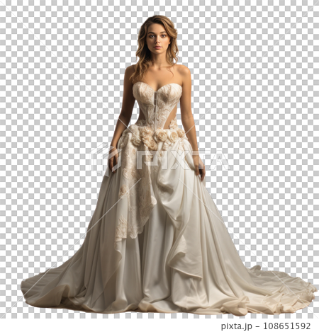 Girl in a beautiful white, beige long evening dress isolated 108651592