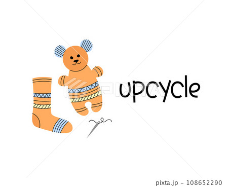 Teddy bear sewn from sock. Handmade toy. Upcycling concept vector illustration. Sustainable living Teddy bear sewn from sock. Handmade toy. Upcycling concept vector illustration. Sustainable living 108652290