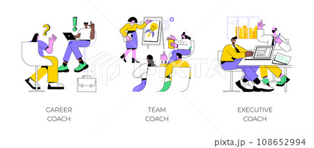 Business coaching isolated cartoon vector illustrations set. Business person talking with personal career coach, group people have conversation with specialist, executive training vector cartoon. Business coaching isolated cartoon vector illustrations set. Business person talking with personal career coach, group people have conversation with specialist, executive training vector cartoon. 108652994