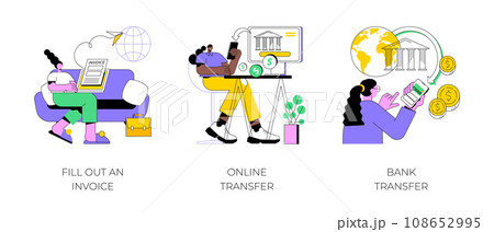 Remote payroll isolated cartoon vector illustrations set. Freelancer filling invoice, distance job payroll, money transfer online, remote work payment, get salary on bank account vector cartoon. 108652995