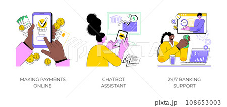 Online banking services isolated cartoon vector illustrations set. Making mobile payments online, chatbot assistant, 24 for 7 banking support, financial software for smartphones vector cartoon. 108653003