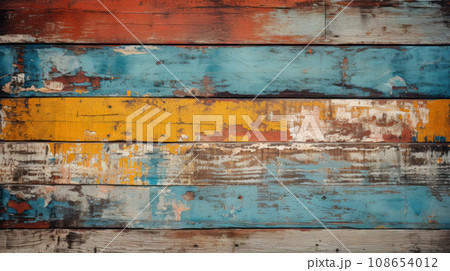 Vintage wood planks texture background, old weathered painted boards. Rough wooden wall, worn multicolored surface. Theme of design, nature, material, grunge, color, pattern 108654012