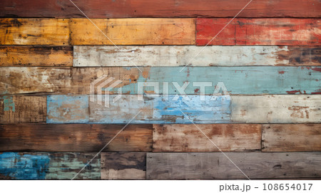 Vintage wood planks texture background, old weathered painted boards. Rough dirty wooden wall, worn multicolored surface. Theme of design, nature, material, grunge, pattern. 108654017