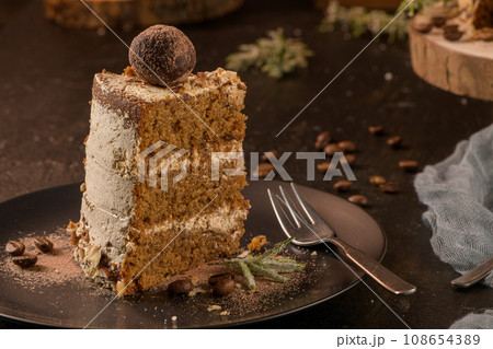 Slice of delicious naked coffee and hazelnuts cake Slice of delicious naked coffee and hazelnuts cake 108654389