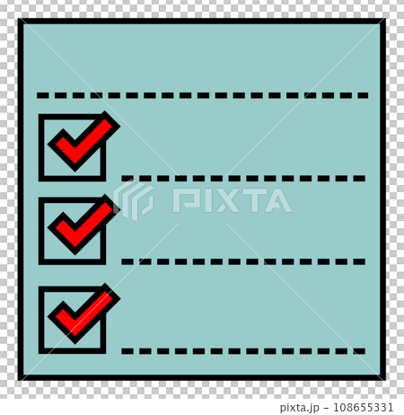 Style illustration of a survey or questionnaire marked with a check mark 108655331