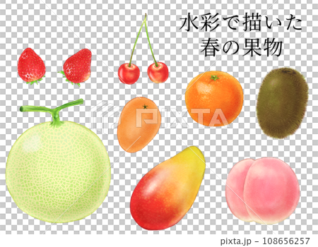 水彩で描いた春の果物(苺・さくらんぼ・メロン・びわ・マンゴー・キウイ・桃・ネーブルオレンジ)のセッジ 108656257