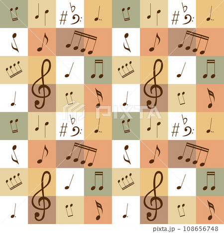 Musical seamless pattern with sheet music, treble clef and bass clef, for music-themed designs, guitar cases, music notebooks, wallpaper. 108656748