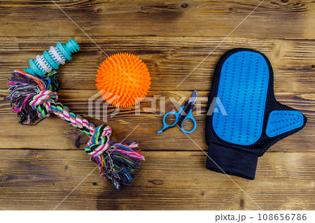 Toys and accessories for dogs on wooden background. Top view. Pet care concept 108656786